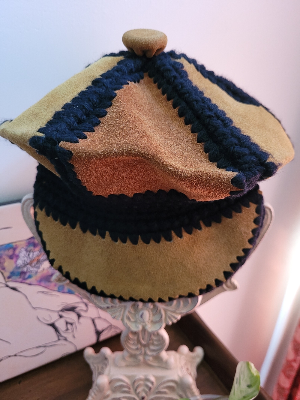 RARE Suede Baker Boy Cap in Mustard with Black Crochet Trim